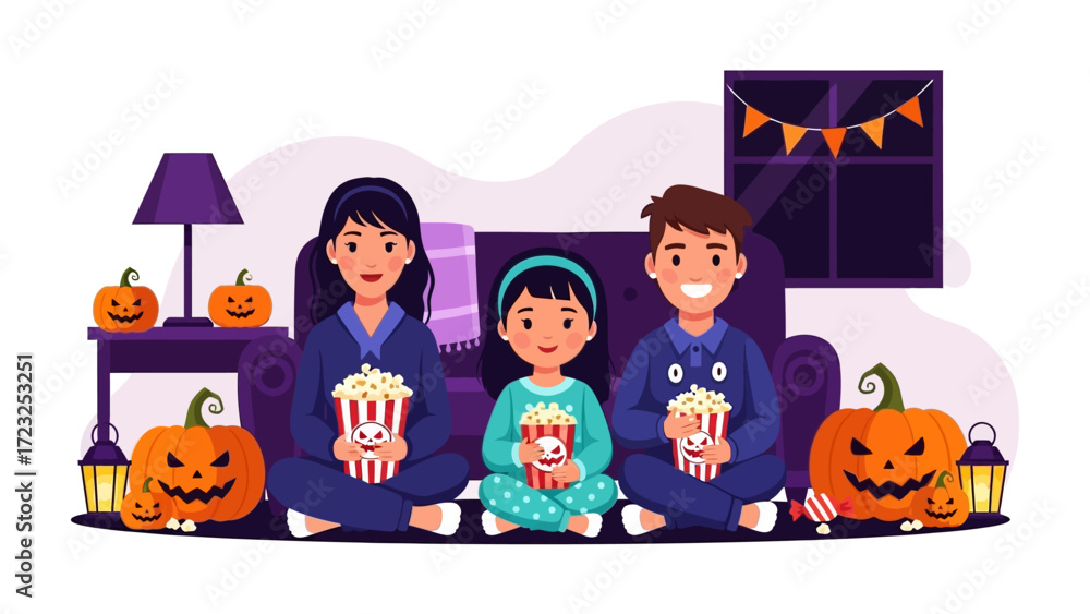 Fototapeta premium Halloween Night: a family movie night with popcorn in an illuminated, inviting space, evoking the festive spirit and cheerful celebration of the holiday.