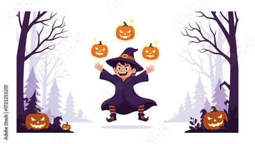 Spooky Witch with Pumpkins: A mischievous witch, dressed in a pointy hat and flowing cloak, playfully juggles glowing jack-o'-lanterns against a whimsical forest backdrop on Halloween night.