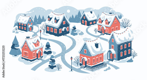 Charming snow-covered village, Christmas lights adorn festive houses nestled in a winter wonderland.