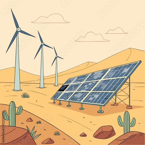Desert landscape with wind turbines and solar panels generating renewable energy under a pale sky