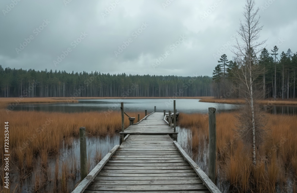 Obraz premium Scenic view of swamp lake with old wooden boardwalk trail leading into water. Moody, overcast sky. Tall trees, forest in background, reeds on foreground. Tranquil, peaceful Estonian wilderness.