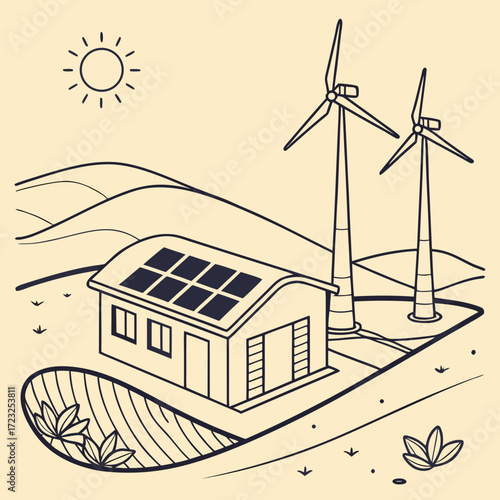 Sustainable energy concept illustration with a house powered by solar panels and wind turbines on a rolling landscape under a bright sun