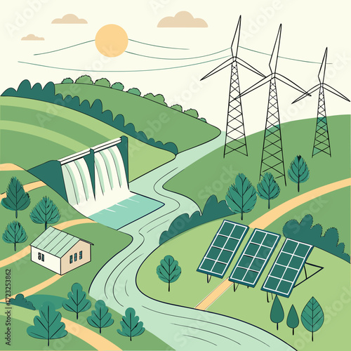 Sustainable energy landscape featuring a hydroelectric dam wind turbines and solar panels powering a rural community