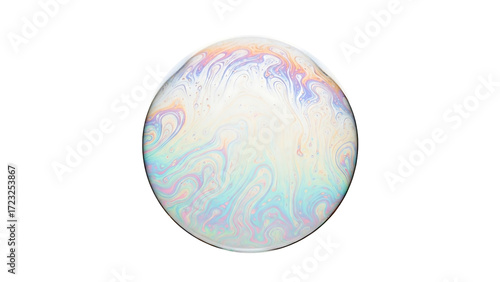 Circular soap bubble, iridescent colors, swirling patterns