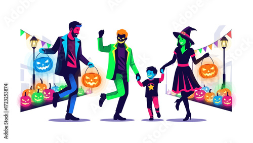 Halloween Family Illustration: A vibrant and captivating illustration that paints a lively scene of a family enjoying Halloween, complete with costumes, jack-o'-lanterns, and festive decorations.