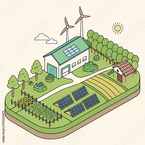 Sustainable farm with solar panels and wind turbines generating clean energy for rural living