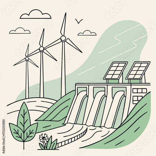 Sustainable energy landscape featuring wind turbines a hydroelectric dam with solar panels and natural elements