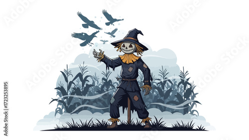 Scarecrow Guardian of the Harvest: In a meticulously crafted cartoon illustration, a whimsical scarecrow stands steadfast in the embrace of a cornfield.