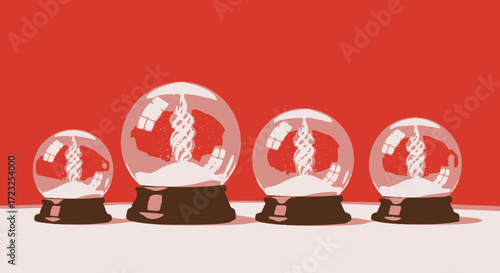 Four progressively sized snow globes, each containing a stylized abstract figure, set against a vibrant red background.