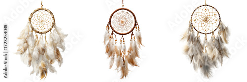 Set of Woven dream catcher with five rings, hanging in a bright room, handcrafted feathers, soft natural light on transparent png background. Ai generated