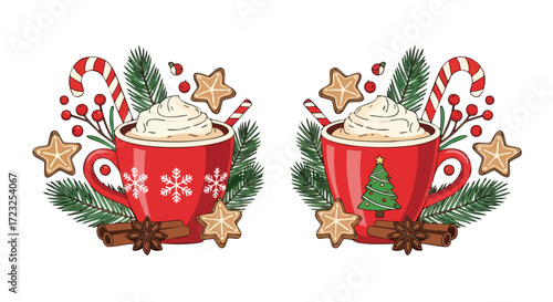 Cozy Christmas mugs brimming with whipped cream and festive treats, perfect for holiday cheer and seasonal celebrations.
