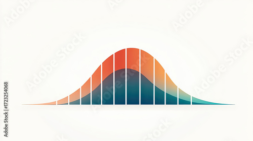 bell curve graph in orange and teal gradient with vertical divisions, symbolizing statistics, probability, normal distribution, and data analysis