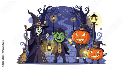 Spooky Halloween Characters: A whimsical illustration of Halloween characters gathered in a dimly lit, magical ambiance, inviting viewers to explore a fantastical world.