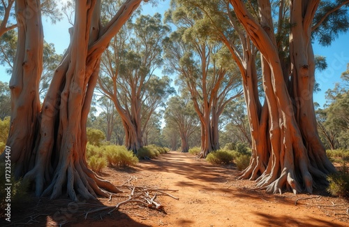 Arid Australian bushland landscape view. Tall eucalyptus trees, red soil. Native plants, shrubs. Desert outback getaway, blue sky, summer vibes. Explore nature. Tranquil travel destination. Dry