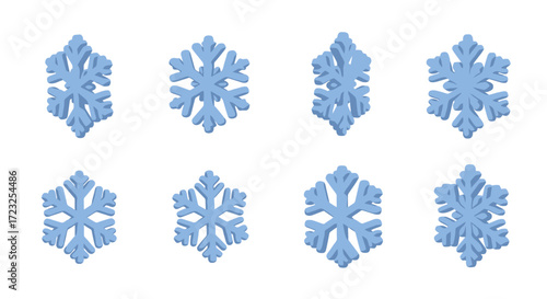Eight unique, light-blue, isometric 3D snowflakes on white background.