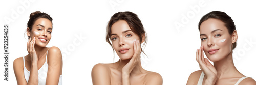 Set of Woman applying facial cream isolated on a transparent background