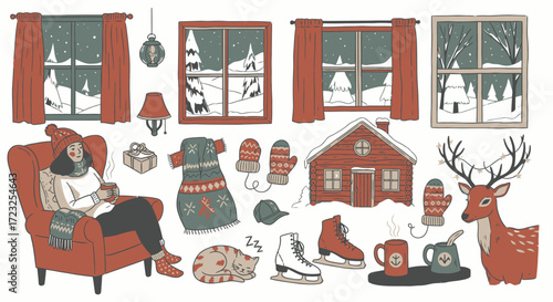 Cozy winter scene illustration featuring a woman relaxing in an armchair, a snowy landscape viewed through windows, and festive winter elements.