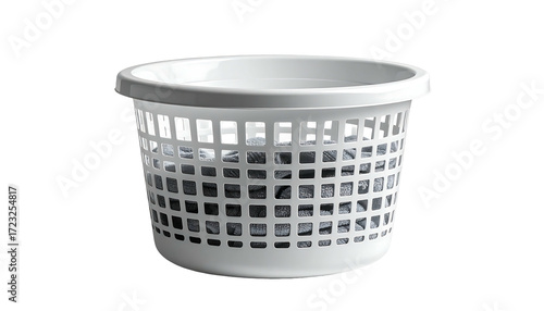 White plastic laundry basket with gridded sides, containing crumpled gray fabric