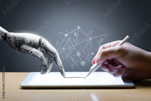 Human and Robot Hands Writing Together — AI Collaboration Concept