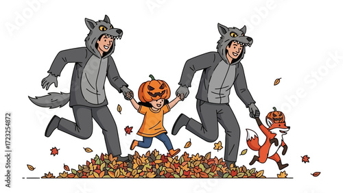 Halloween Family Fun: A joyous moment captured as a family dressed in creative costumes dashes through a pile of vibrant autumn leaves, embodying the spirited essence of Halloween.