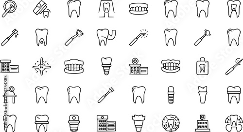 50 linear dentist icon pack. vector thin line tooth cleaning, tooth whitening, denture, dentists drill tool, scraping, clinic, dental prosthesis icons