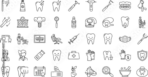50 linear dentist icon pack. vector thin line tooth cleaning, tooth whitening, denture, dentists drill tool, scraping, clinic, dental prosthesis icons