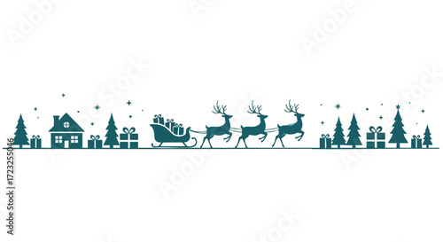Magical Christmas Eve with Santa's Sleigh and Reindeer Delivering Gifts Through Snowy Evergreen Forest Landscape Silhouette Design