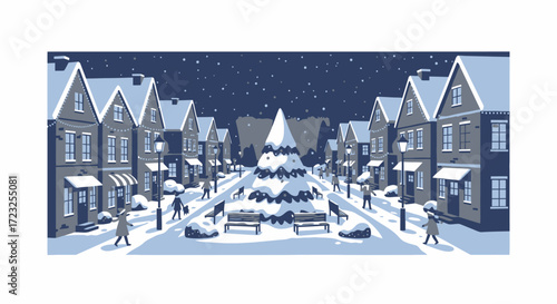 Snowy village street scene at night, Christmas tree centerpiece, pedestrians strolling.