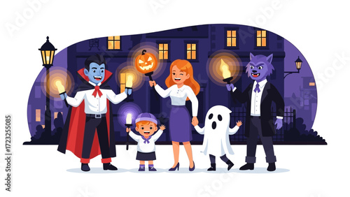 Spooky Gathering: A family and costumed friends gather on a moonlit Halloween night, with Jack O' Lanterns, candles, and eerie smiles creating a festive atmosphere for a memorable celebration.
