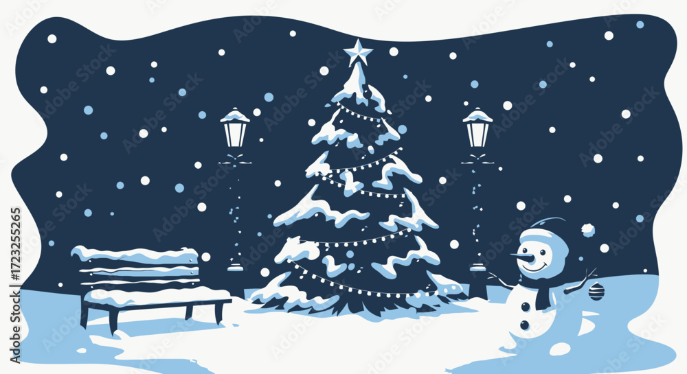 Fototapeta premium Snowy Christmas Eve scene: illuminated tree, snowman, park bench, streetlights.