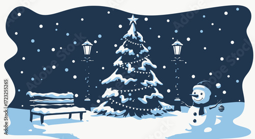 Snowy Christmas Eve scene: illuminated tree, snowman, park bench, streetlights.