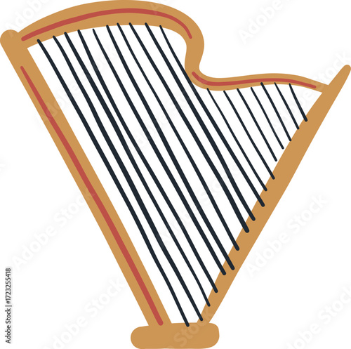A wooden harp with dark strings