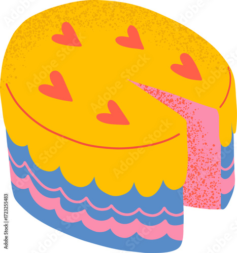 A yellow cake with pink hearts and blue frosting