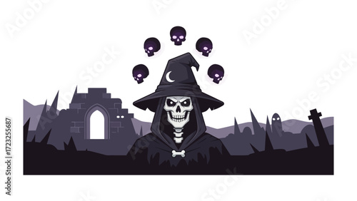 Mystical Specter of the Night: A spectral figure of death, clad in a flowing cloak and a crescent-moon hat, emerges from the shadows, and is encircled by a spectral glow, symbolizing an eerie.