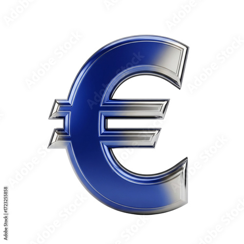 Sleek, modern 3D Euro symbol gleams with metallic blue and silver accents, perfect for financial concepts.