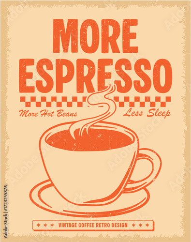 Hand drawn espresso cup poster design with vintage texture, suitable for cafe decoration, stickers, and digital art. Vector illustration
