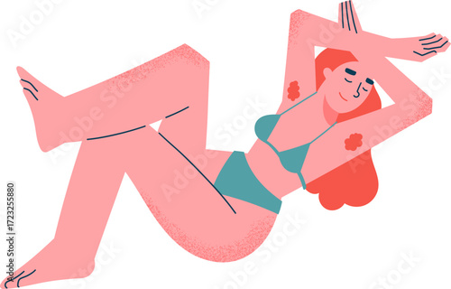 A woman in a bikini lies on her back