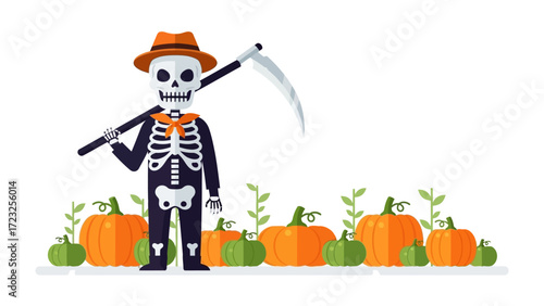 Harvest Reaper in the Pumpkin Patch: An illustrated harvest reaper stands tall amidst a cheerful array of pumpkins, their vibrant orange hues. The reaper.
