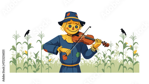 Melodic Scarecrow Serenade: A whimsical scarecrow, clad in a patchwork ensemble, serenades a field of corn with a vibrant violin, accompanied by curious blackbirds perched nearby.
