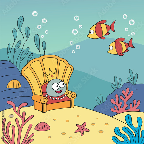 Whimsical underwater kingdom ruled by a regal fish king featuring vibrant marine life and a royal court in a fantasy aquatic setting