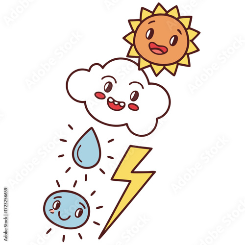 Collection of weather forecast icons featuring a smiling sun rain clouds and a rainbow suitable for digital interfaces and informational graphics