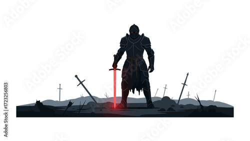 Warrior's Last Stand: A lone warrior, silhouetted against a somber background, stands with a fiery sword amidst a battlefield strewn with fallen weapons and a sense of defiant resilience. 