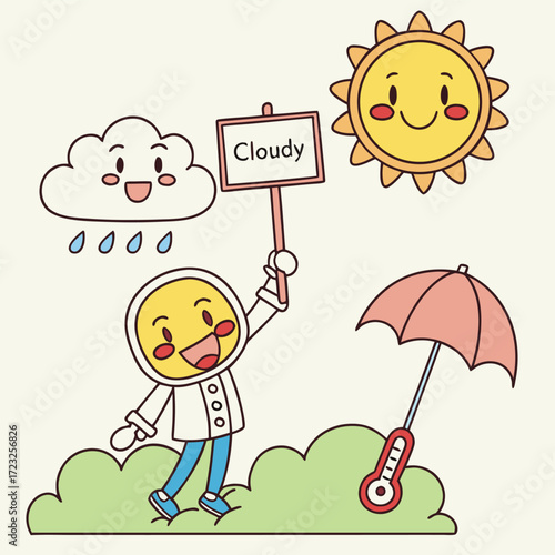 Whimsical weather station illustration featuring a smiling sun fluffy cloud and falling raindrops perfect for educational or playful designs