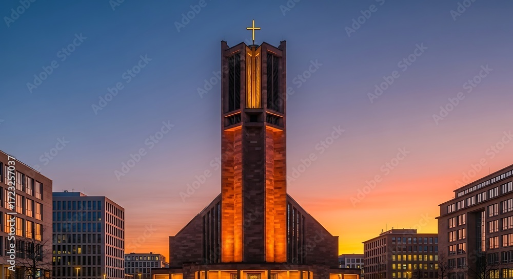 Naklejka premium Striking Cathedral Tower at Dusk - A Beacon of Faith and Architecture.