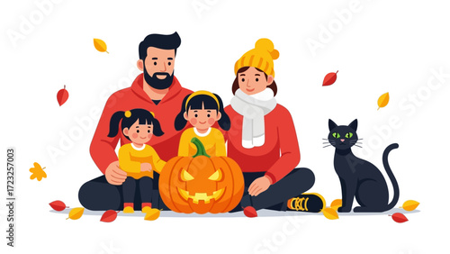 Cozy Halloween Family: A vibrant illustration showcases a family, surrounded by autumnal elements, celebrating the spooky season, gathering around a carved jack-o'-lantern.