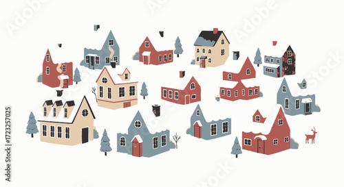Illustration depicts a collection of stylized houses covered in snow, creating a winter village scene.