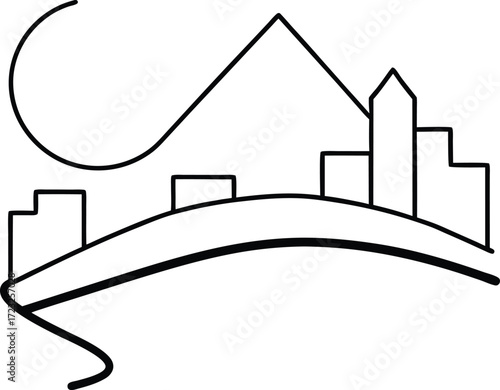 rooftop jogging loop with skyline line art illustration on transparent