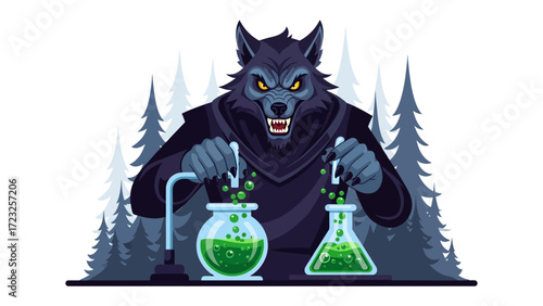 Mysterious Alchemist: An illustration presents a fierce werewolf crafting a mysterious potion in a woodland laboratory, symbolizing hidden knowledge and transformation.