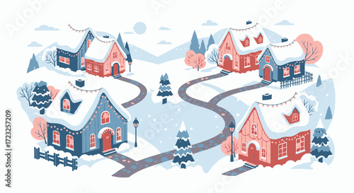 A whimsical illustration depicting a snowy village scene with charming houses, roads, and winter landscape.