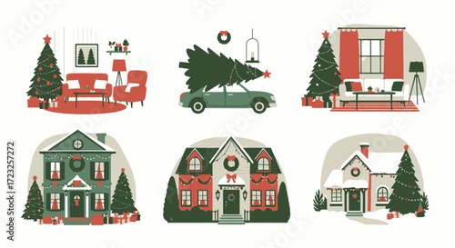 A festive illustration showcasing various scenes of Christmas preparations, including decorated homes and a car carrying a Christmas tree.